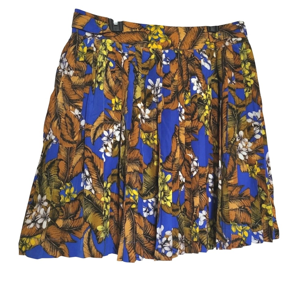Darling Womens Brown Blue Selena Floral Tropical Pleated‎ Lined Skirt Medium NEW